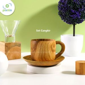 Properti Foto Set Cangkir Kayu dengan Coaster