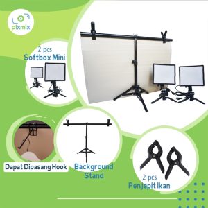 PAKET KOMPLIT MINI STUDIO FOTO | STAND T - 70x100CM BACKGROUND SINTETIS + STAND T + SOFTBOX MINI